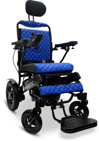 COMFYGO IQ-9000 AR Elektrische rolstoel, lichtgewicht, draadloze afstandsbediening, tot 30km, handmatig inklapbaar met Automatisch achterover leunen, Zwart frame & Blauw leer textiel, Zitbreedte 51cm