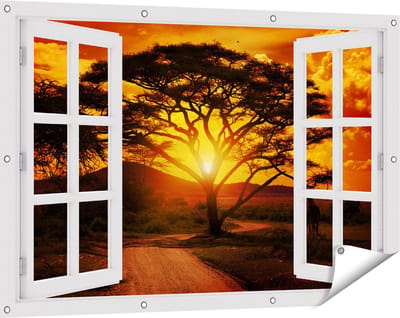Gards Tuinposter Doorkijk Zonsondergang Achter een Savanne Boom - 120x80 cm - Tuindoek - Tuindecoratie - Wanddecoratie buiten - Tuinschilderij