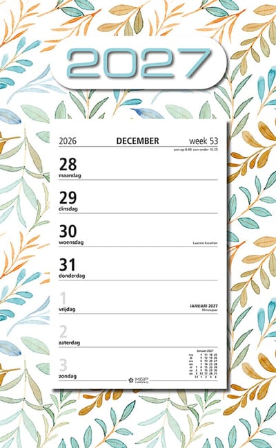 MGPcards - Week Scheurkalender 2027 - Week begint op maandag - 21 x 34 cm - Wit - Bladeren