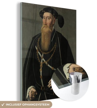 ® Glasschilderij 120x160 cm - Schilderij acrylglas - Portret van Reinoud III van Brederode - Schilderij van Jan van Scorel - Foto op glas - Muurdecoratie woonkamer - Wanddecoratie slaapkamer - Schilderijen