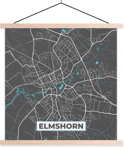 Posterhanger incl. Poster 40x40 cm - Schoolplaat - Stadskaart – Kaart – Elmshorn – Blauw – Duitsland – Plattegrond - Textielposter - Blanke latten - Stadskaart