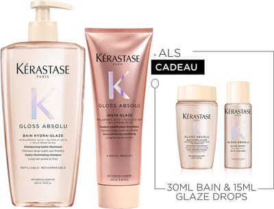 Kérastase Gloss Absolu Anti-Frizz Duo + 2 Cadeau's - Shampoo 500ml & Conditioner 250ml + Shampoo 30ml & Glaze Drops 15ml cadeau - Voor Lang Haar Gevoelig voor Pluis