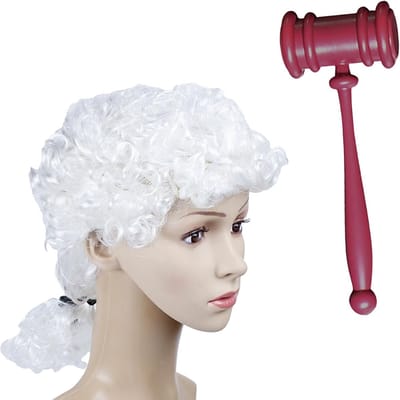 Twee Delige Kostuumaccessoires voor Halloween, Witte Peruk voor Advocaten, Plastic Hamer en Make-up voor Feestjes