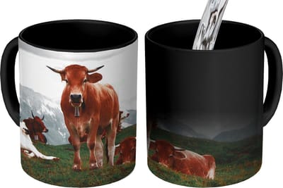 Magische Mok - Foto op Warmte Mokken - Koffiemok - Dieren - Koe - Berg - Magic Mok - Beker - 350 ML - Theemok