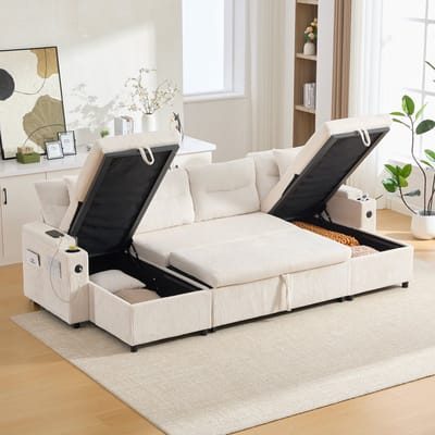 MODENUIT Hoekbank 272 x 136 cm - 4-Zits met Dubbele Chaise Longue, Opbergruimte en USB-C - Woonkamer - Cord Beige