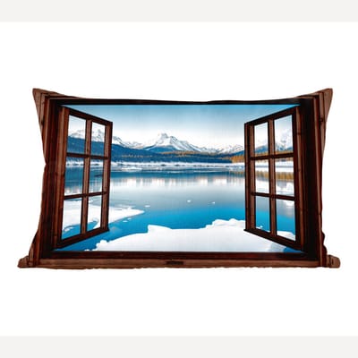 Sierkussens - Kussentjes Woonkamer - 60x40 cm - Doorkijk - Winterlandschap - Meer - Bergen - Uitzicht