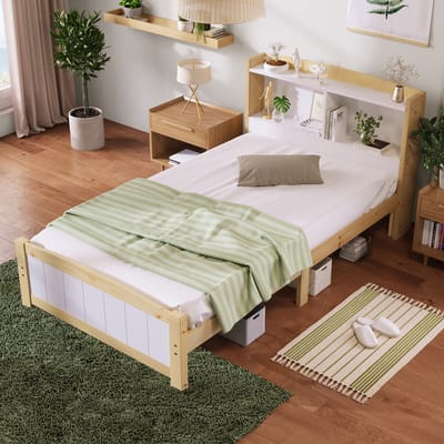 DESMIU Eenpersoonsbed 90x200 cm – Opbergend Hoofdbord Met Vakken – Houten Bedframe Met Lattenbodem – Zonder Lades – Jeugdkamer – Massief Hout En Wit – Zonder Matras