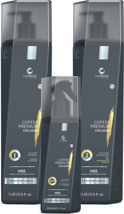 Honma Tokyo - Keratine Behandeling - Stijl haar met natuurlijke volume - Kit Coffee Premium Collagen - Step1/2/PP - 2x1000ml & 1x300ml
