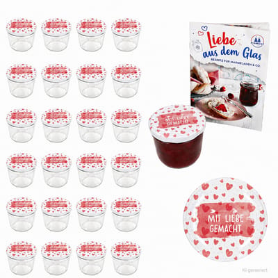 Set van 25 stuks Sturzglas 230 ml TO 82 Mit Liebe gemacht deksel incl. receptenboekje