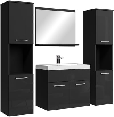 Badplaats Badkamermeubel Set Montreal XL 60 x 35 cm – Hoogglans zwart – Badmeubel met Spiegel en Zijkasten