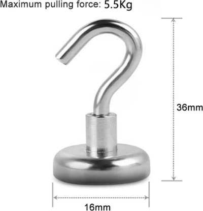 TLVX Haak magneet 16mm x 36mm / Erg sterk / 5.5 KG trekkracht / Magnetische ophanghaak / Magneet met haak / Metalen haak / Deurmagneet haak voor sleutels / Koelkast magneet handdoek / Magneet gereedschap / Foto magneet met handdoekhaak / 1 stuks