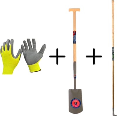 Synx Tools Voegenmes RVS + Spear & Jackson Spade Gesmeed 120cm steel + Gerecycled Tuinhandschoenen Maat L – Large – Voegenkrabber met steel 150cm