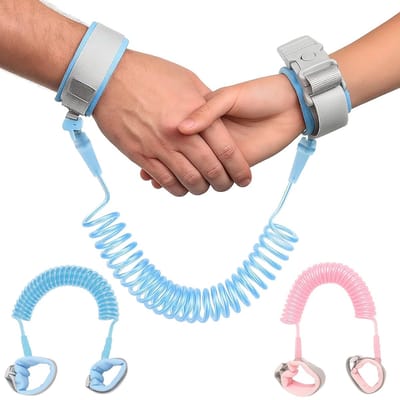 Kinderriemset - Tweedelige set bestaande uit polsbandje en riem, geschikt voor peuters - Verstelbaar, ademend en zacht - Geschikt voor wandelen, reizen en drukke plaatsen - Unisex veiligheidsharnas (roze + blauw)