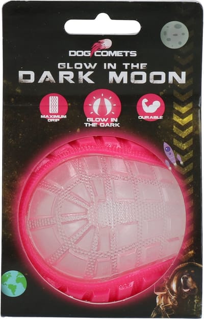 Dog Comets Glow in the Dark Moon Bal - 7.5 cm - Hondenspeelgoed - Op Water en Land - Apporteerspeelgoed - met Piep - M - Roze