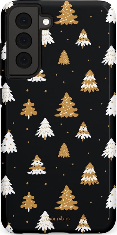 Casetastic hoesje geschikt voor Samsung Galaxy S21 FE 5G - Dubbellaagse bescherming - Happy Chistmas Kerstbomen - Fashion Case - Zwart