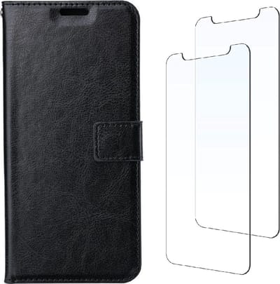 LuxeBass Boekhoesje en 2x Screenprotector geschikt voor iPhone 13 - Zwart - telefoonhoes - gsm hoes - telefoonhoesjes