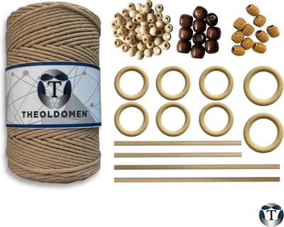 Macramé Pakket | 200 METER | Incl. Handleiding | Lichtbruin | Starter Set | Ringen | Kralen |Stokken | Macramé Touw | 3mm | 100% Katoen | Macramé | Decoratie | DIY | Doe Het Zelf | Wandkleed | Dromenvanger | Plantenhanger | Tassen | TheOldOmen |