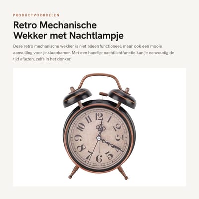 Dailygoods- Mechanische Wekker 4" Retro - Nachtlampje - Handklok - Dubbel Bel - Instelbare Alarmtijd - Kunststof 16 x 12 cm