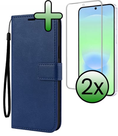 Hoesje Met 2x Screenprotector - Geschikt voor Samsung Galaxy A37 - Luxe Pasjeshouder - Bookcase Portemonee - Flip Case - Kunstleer Book Case - Flipcase Hoes - Book Cover - Walletcase - Portemonneehoes - Donkerblauw