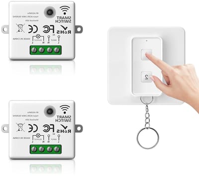 Draadloze Lichtschakelaar met Batterij, Geen Bedrading Nodig, Tot 50 m Bereik, Inclusief 2 Ontvangers en 1 Schakelbord met 2 Toetsen, Ideaal voor Lampen en Verlichting