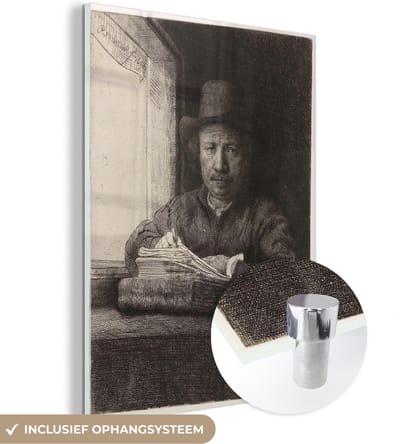 MuchoWow® Glasschilderij 30x40 cm - Schilderij acrylglas - Zelfportret van Rembrandt, etsend bij een raam - Rembrandt van Rijn - Foto op glas - Schilderijen