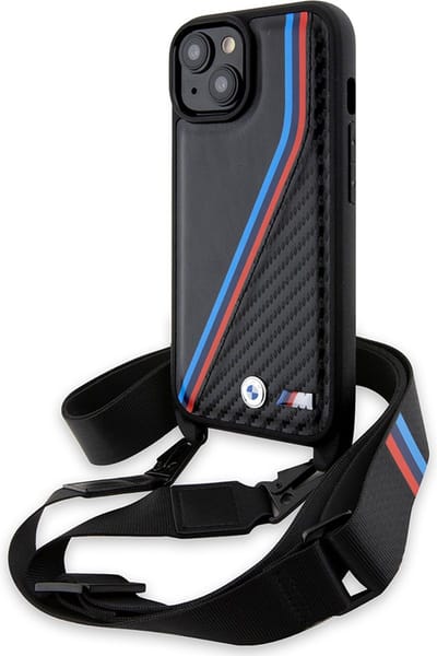 BMW M Edition Carbon Tricolor Lines & Strap case for iPhone 15 / 14 / 13 - black