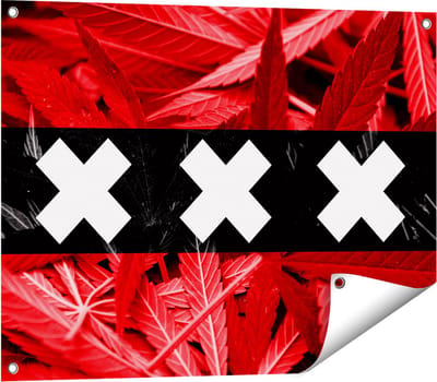 Gards Tuinposter Amsterdamse Vlag met Cannabis Achtergrond - 80x60 cm - Tuindoek - Tuindecoratie - Wanddecoratie buiten - Tuinschilderij