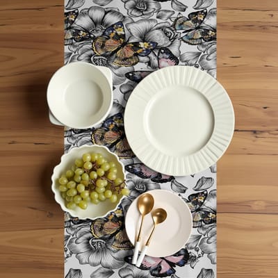 ABAKUHAUS Tuinkunst Tafelloper, Rozen in Bloei Lente, Eetkamer Keuken Rechthoekige decoratieve Tafelloper, 40 x 225 cm, Zwart Wit Paars