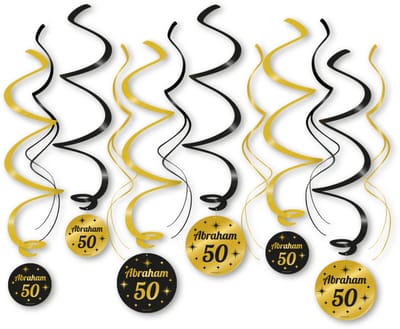 LUQ – Swirls Abraham 50 Jaar – Zwart-Goud – Luxe Hangdecoratie – Abraham Full Glam – Slingers Versiering – 12 Stuks