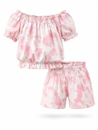 Meisjes Zomerset Roze - 2-delig (top + short) - Stijlvolle print - Maat 122/128 - korte broek + shirt
