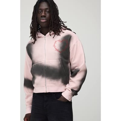 Shrunken Fit Dirty Wash Gothic Heart Zip Through Hoodie | Pink | Size Small