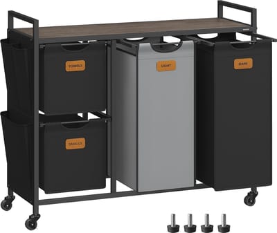 FurnStar - Wasmand 4 vakken - Wasverzamelaar 150 l - Wassorteerder - Waswagen met plank - Waszak - Kleine zijzakken - 6 etiketten - 98.6 x 33 x 80.5 cm - Kastanjebruin-Inktzwart-Duifgrijs