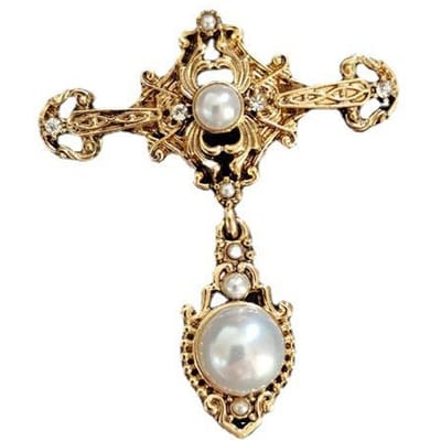 Retro Barok Kruis Openwerk Parel Broche Speld Prachtige Saffier Hanger Jas Kraag Broche Corsage Speld voor Vrouwen beige
