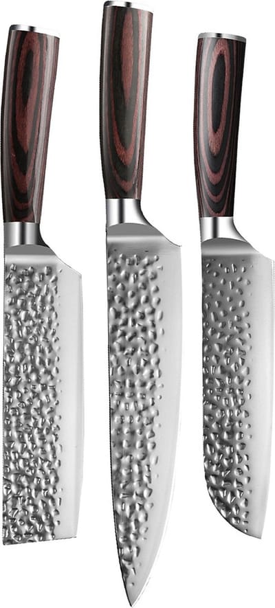 Shinrai Knives - Messenset - 3 delig - Koksmes - Japans Design - Mes - Hammered RVS - Met Luxe Geschenkdoos - Keukenmessen
