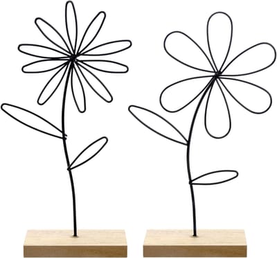 Set van 2 Hoge Kwaliteit Metalen Bloemen op Houten Pedestal, Decoratieve Stand voor Bloemstukken en Geschenken, Unieke Metalen Ring Decoratie