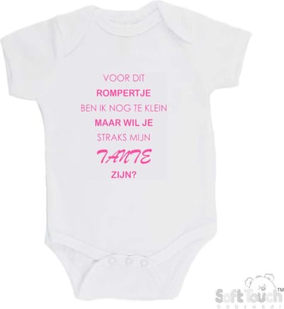 100% katoenen Romper "Voor dit rompertje ben ik nog te klein maar wil je straks mijn Tante zijn? " Meisjes Katoen Wit/roze Maat 62/68