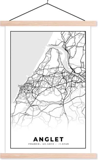 Posterhanger incl. Poster 40x60 cm - Schoolplaat - Anglet - Stadskaart – Plattegrond – Kaart – Frankrijk - Zwart wit - Textielposter - Blanke latten - Stadskaart