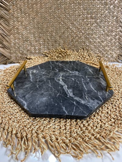 Homestar Decoratie -Met goud handvat - Marmer - dienblad - zwart grijs marmer - 25cm - marmer dienblad - 8 hoek marmer dienblad - decoratie schaal - tapasplank - serveerplank