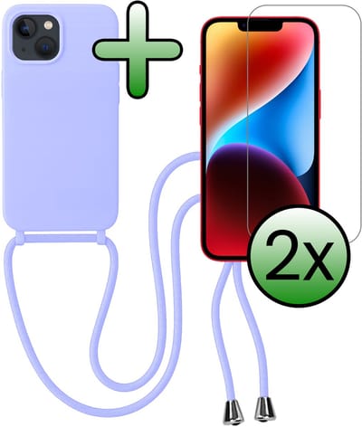Hoes Geschikt voor iPhone 13 Mini Hoesje Met Koord Met 2x Screenprotector - Telefoonhoesje Geschikt voor iPhone 13 Mini Backcover Met Afneembaar Koord - Lila