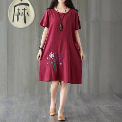 Retro Etnische Stijl Katoen en Linnen Losse Geborduurde Vrouwen Casual Middellange Jurk Korte Mouw Ronde Hals Zomer 4XL paars