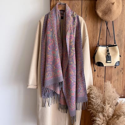 Écharpe Chaude en Cachemire Mode Hiver - Pashmina Imprimé Peinture à l'Huile Florale Vintage à Franges pour Femmes - Châle Épais & Poncho black