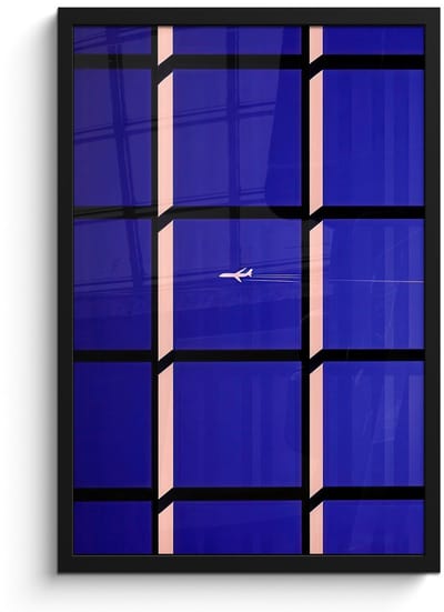 Poster in lijst - Fotolijst 40x60 cm - Posters - Vliegtuig - Ruiten - Blauw - Rechthoekig - Posterlijst zwart - Decoratie - Wanddecoratie woonkamer - Muurdecoratie slaapkamer - Kerstversiering - Kerstdecoratie voor binnen - Kerstmis