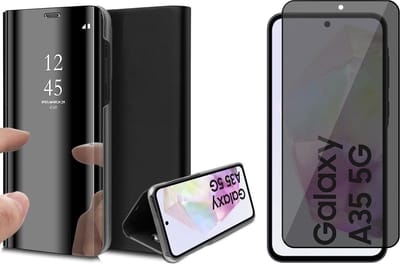 Hoesje geschikt voor Samsung Galaxy A35 - Privacy Screenprotector Volledig Dekkend Glas - Spiegel Book Case Zwart