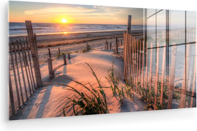 MuchoWow® Glasschilderij 120x60 cm - Schilderij acrylglas - Strand - Zee - Duin - Zonsondergang - Landschap - Foto op glas - Muurdecoratie woonkamer - Wanddecoratie slaapkamer - Schilderijen