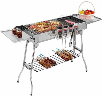 Seth Select Houtskoolgrill - Draagbare Houtskoolgrill RVS – Opvouwbare BBQ Camping Grill met Zijvleugels - Antiaanbak Rooster & Verstelbare Ventilatie