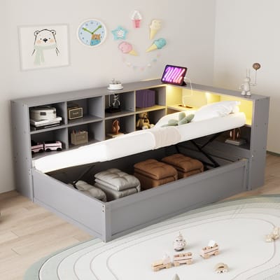 MODENUIT Eenpersoonsbed 90x200 cm – Stopcontact en led-lichtstrip – Hydraulische opbergruimte – Hout – Zonder matras – Grijs