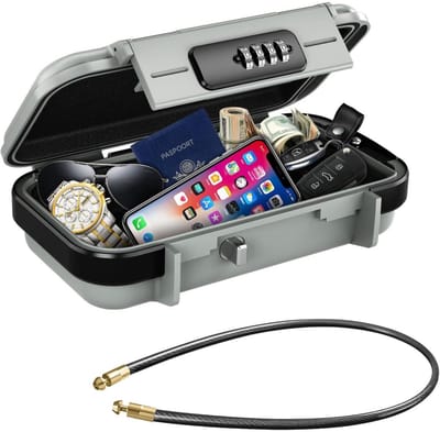 longziming -Draagbare Veiligheidsbox - Reiskluis - Persoonlijke Safe - Instelbaar 4-Cijferig Slot - Afneembaar Stalen Kabel - Hard ABS Materiaal - Waterdicht En Stofdicht - Ideaal Voor Reizen En Camping - 1 Stuk - grijs