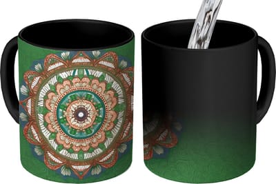 Magische Mok - Foto op Warmte Mokken - Koffiemok - Mandala - Hippie - Bloemen - Oranje - Magic Mok - Beker - 350 ML - Theemok