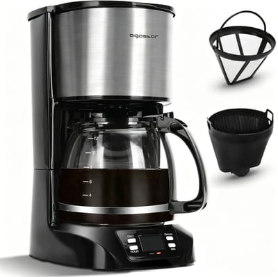 Aigostar Koffiezetapparaat Filterkoffie - 1.5L Glazen Kan - 12 Koppen - Timerfunctie - LCD-display - BPA Vrij - Zwart/RVS