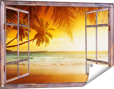 Gards Tuinposter Doorkijk Tropisch Strand tijdens Zonsondergang - 90x60 cm - Tuindoek - Tuindecoratie - Wanddecoratie buiten - Tuinschilderij